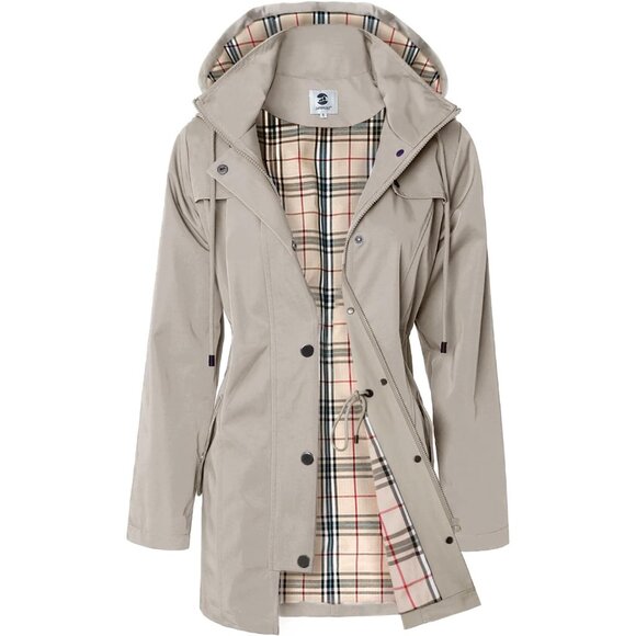Women's Khaki Waterproof Long Raincoat Outdoor Windbreaker Jacket with Hood - Picture 1 of 7